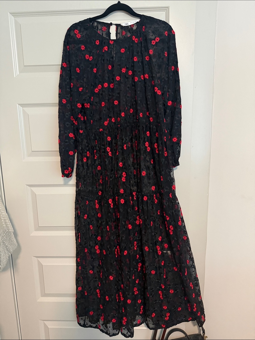 Zara Black Maxi Dress with Red Floral Embroidery